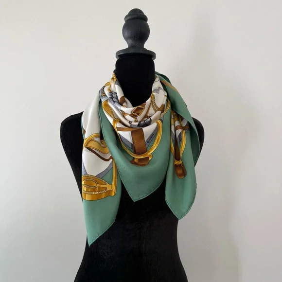 Hermes Silk Scarf with Gold Tack & Green Border - Picture 10 of 12